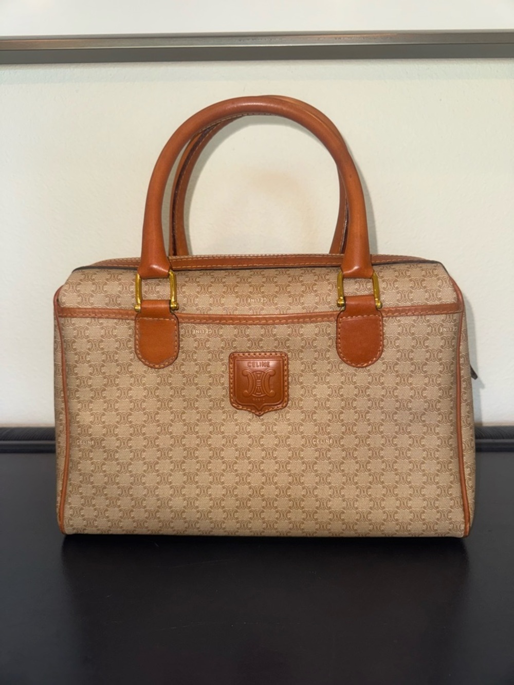 Celine Beige Monogram Macadam Boston Bag with Tan Leather Trim - Picture 1 of 16